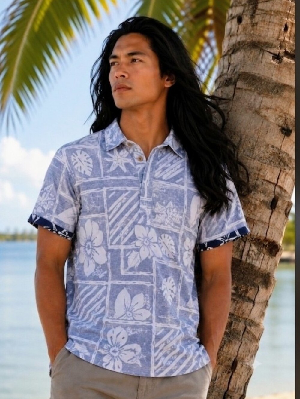 Vintage ROSS SUTHERLAND Reverse Print Hawaiian Henley Shirt (see measurements)